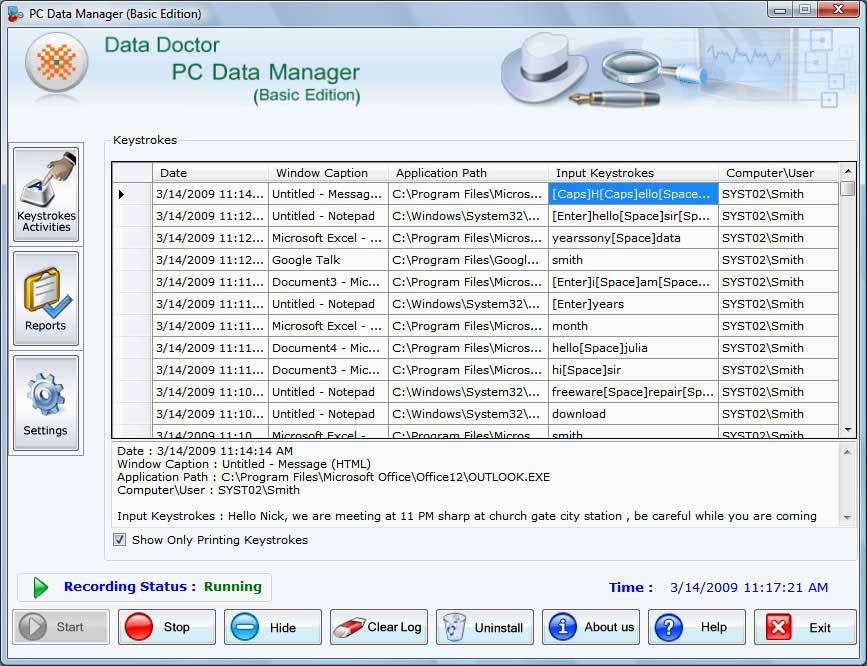 Screenshot of Keylogger Surveillance Software